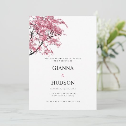 田舎の植物性ピンクの桜の木の結婚葉 招待状 (スタンド正面)