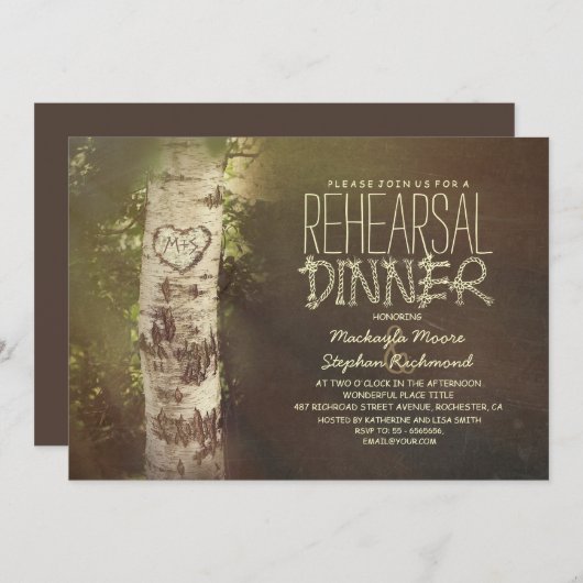 田舎の樺の木の木のリ素朴ハーサルディナー 招待状 (正面/裏面)