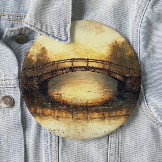 田舎の橋の風景 ヴィンテージ風の油絵 缶バッジ (インサイチュ)