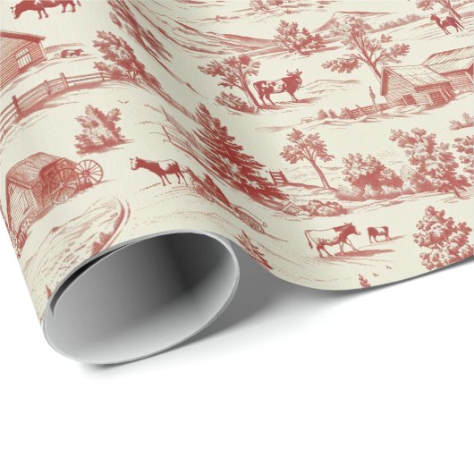 田舎の牛の農場のシーンの赤とクリームのトイル ラッピングペーパー (ロールコーナー)