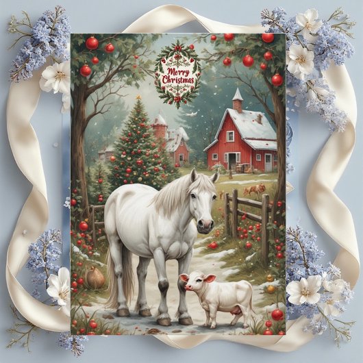 田舎の牧場の馬 赤い納屋 メリークリスマスカード