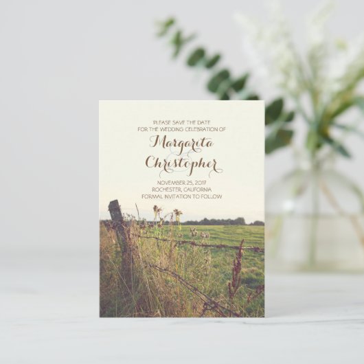 田舎の牧草地のフェンス田舎の日付ポストカードを保存 案内ポストカード (スタンド正面)