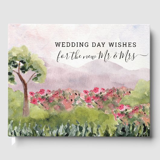 田舎の牧草地の水の色の結婚式の日願い ゲストブック (正面)