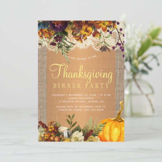 田舎の田舎風のフローラの黄金感謝祭ディナー 招待状 (スタンド正面)