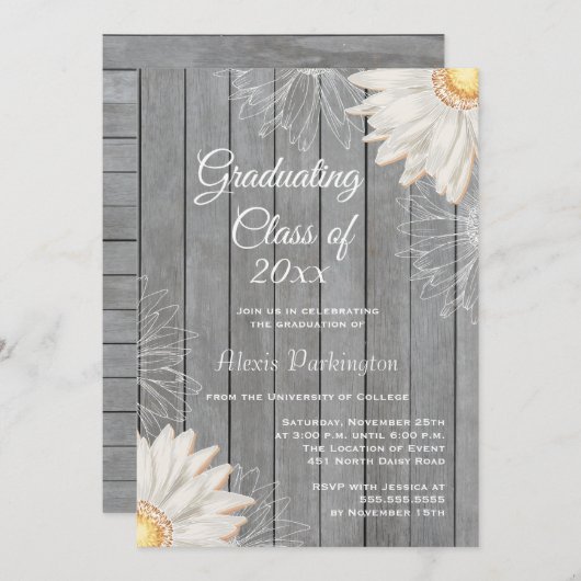田舎の白デイジー卒業パーティー招待状 招待状 (正面/裏面)