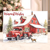 田舎の納屋と赤いトラックの冬景色 シーズンカード