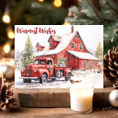 田舎の納屋と赤いトラックの冬景色 シーズンカード