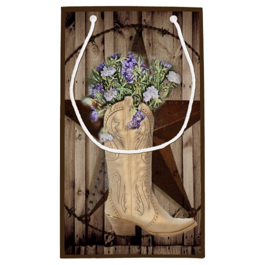 田舎の納屋の木の野草の花、西の田舎のカウボーイ スモールペーパーバッグ (裏面)