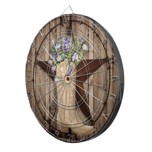 田舎の納屋の木の野草の花、西の田舎のカウボーイ ダーツボード (正面右)