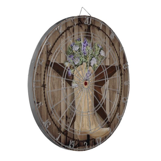 田舎の納屋の木の野草の花、西の田舎のカウボーイ ダーツボード (正面左)