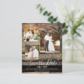 田舎の納屋の木材を使った結婚式の写真付き日程通知カード (スタンド正面)