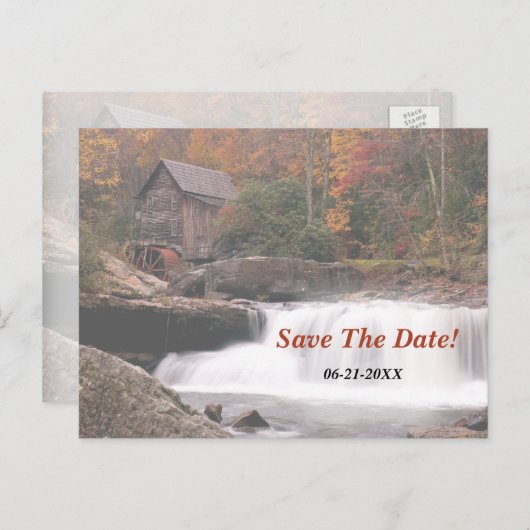 田舎の結婚式で秋の日付を保存する 案内ポストカード (正面/裏面)