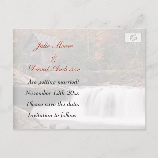 田舎の結婚式で秋の日付を保存する 案内ポストカード (裏面)