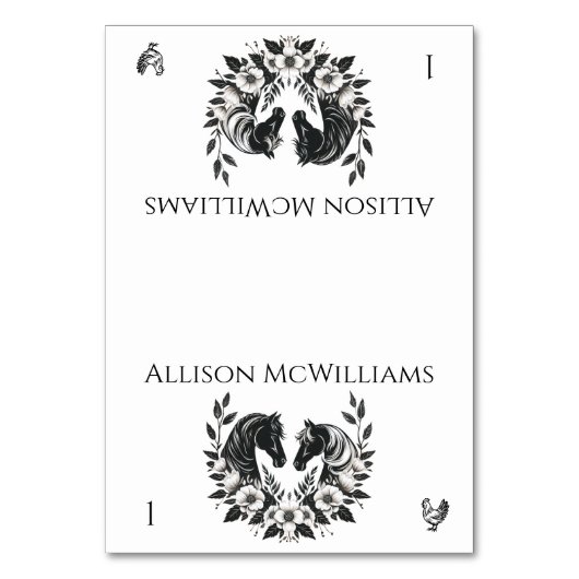 田舎の結婚式 – 馬と花 – 家きん テーブルナンバー (正面)