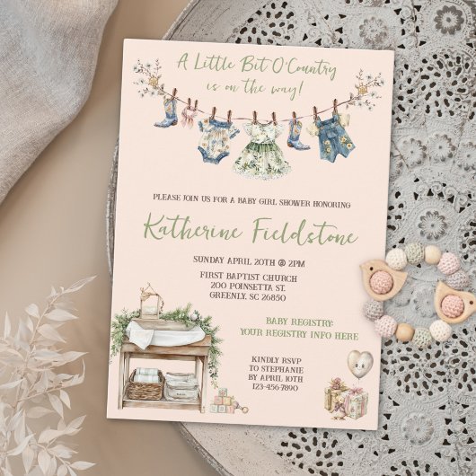 田舎の赤ちゃん女の子のシャワーの物干し小さなビット 招待状