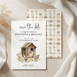 田舎の農場のニワトリの結婚式のSave the Date セーブザデート