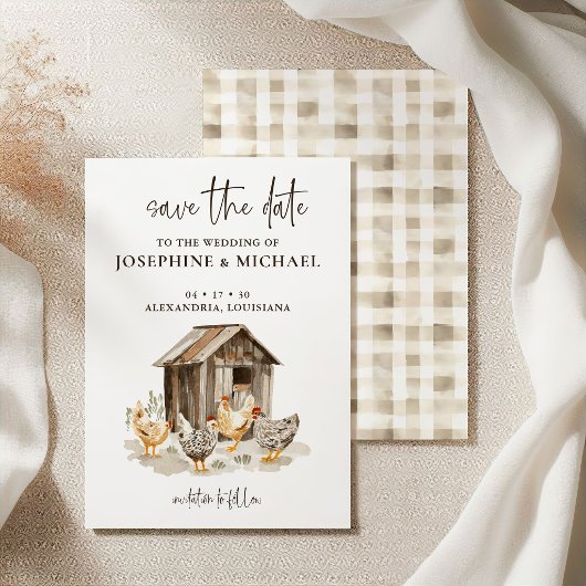 田舎の農場のニワトリの結婚式のSave the Date セーブザデート