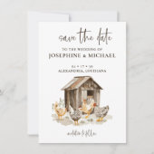 田舎の農場のニワトリの結婚式のSave the Date セーブザデート (正面)