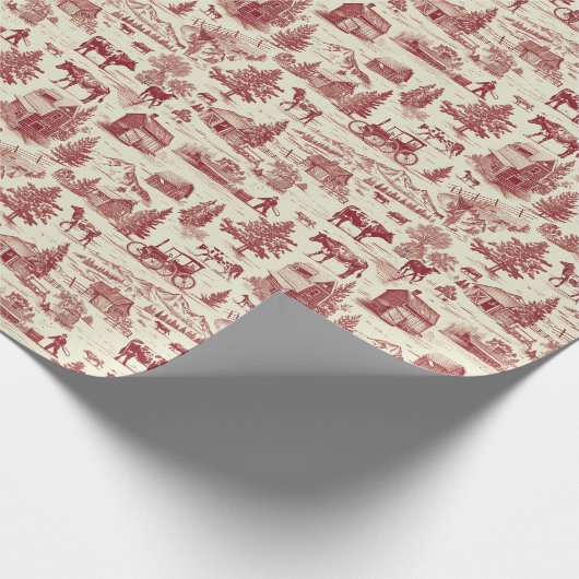 田舎の農場の風景の赤とクリームのトイル ラッピングペーパー (角)