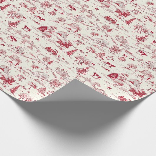 田舎の農場の風景の赤とクリームのトイル ラッピングペーパー (角)