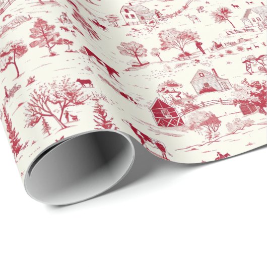 田舎の農場の風景の赤とクリームのトイル ラッピングペーパー (ロールコーナー)