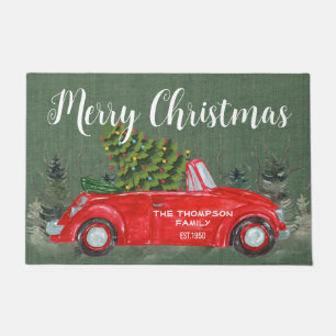田舎の農家の赤いトラック緑のバーラップクリスマス ドアマット