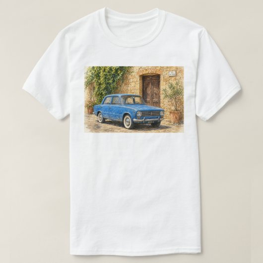 田舎の通りとビンテージカー Tシャツ (デザイン正面)