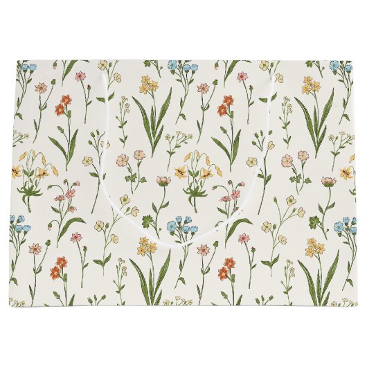 田舎の野の花の草原 手描きのカラフルデザイン ラージペーパーバッグ (正面)