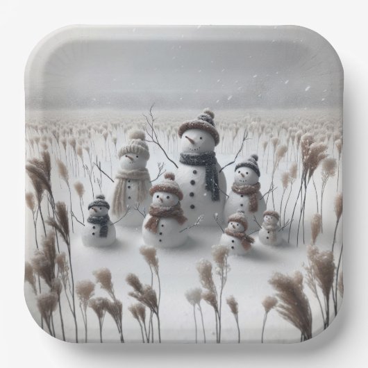 田舎の雪だるまのクリスマスファミリー ペーパープレート (正面)
