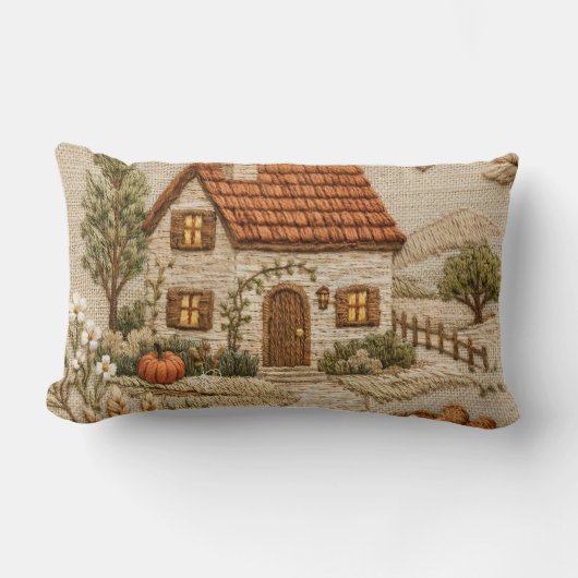田舎の風景が魅力的な、 rustic cottage 刺繍 ランバークッション (正面)