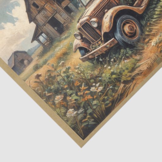 田舎の風景に放置された錆びたピックアップ 薄葉紙 (詳細)