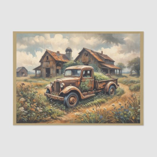 田舎の風景に放置された錆びたピックアップ 薄葉紙 (正面)