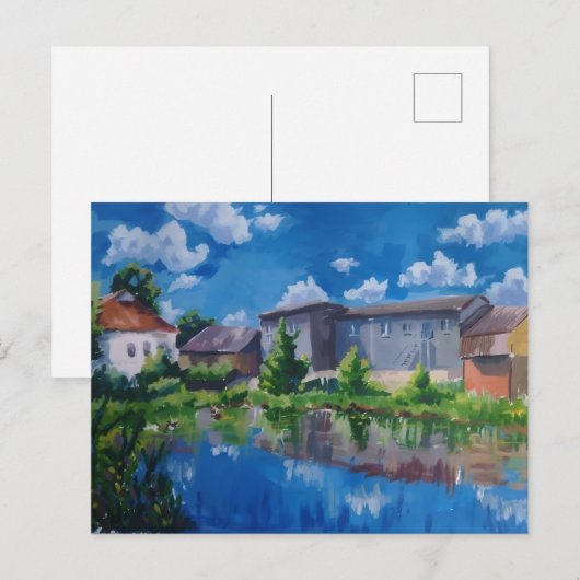 田舎の風景 湖の絵 ポストカードとアート ポストカード (正面/裏面)