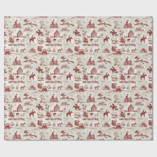 田舎の馬の農場のシーンの赤とクリームのトイル ラッピングペーパー (フラット)
