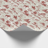 田舎の馬の農場のシーンの赤とクリームのトイル ラッピングペーパー (角)