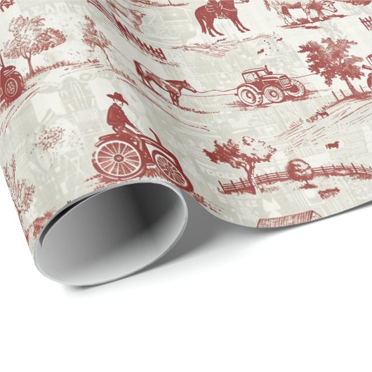 田舎の馬の農場のシーンの赤とクリームのトイル ラッピングペーパー (ロールコーナー)