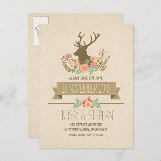 田舎の鹿の〔雄ジカの〕枝角は日付はがきを保存 案内ポストカード (正面/裏面)