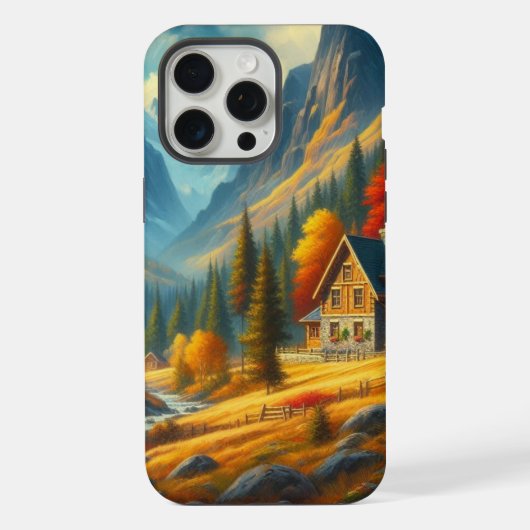 田舎の、秋の山の小屋と川 iPhoneケース (裏面)