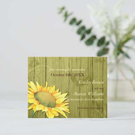 田舎ひまわりオリーブ緑の結婚式の日付を保存 セーブザデート (スタンド正面)