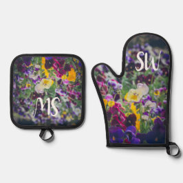 田舎庭カラフルの開花のパンジー 鍋つかみ&鍋敷きセット