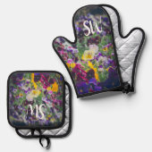 田舎庭カラフルの開花のパンジー 鍋つかみ&鍋敷きセット (正面/裏面)
