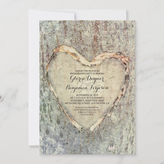 田舎彫りのハートツリーヴィンテージ婚約パーティ 招待状 (正面)