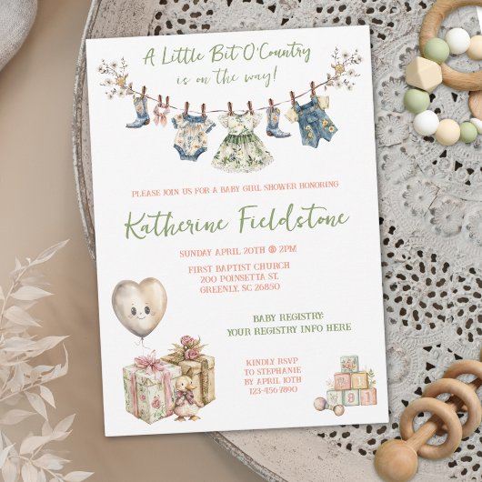 田舎物干し女の子シャワーの小さなビット 招待状