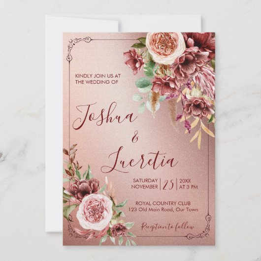 田舎田舎のボホテラコッタ自然の花 招待状 (正面)