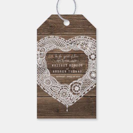 田舎結婚の田舎風の木のレースハート茶色の白 ギフトタグ (正面)