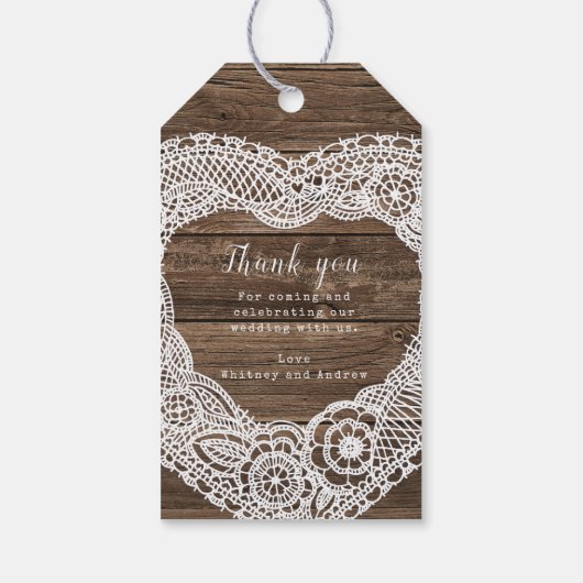 田舎結婚の田舎風の木のレースハート茶色の白 ギフトタグ (裏面)