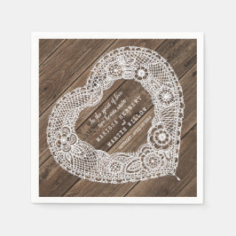 田舎結婚の素朴な木とレースハートのナプキン スタンダードカクテルナプキン