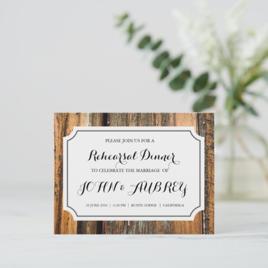 田舎結婚式のリハ素朴ーサルディナー インビテーションポストカード (スタンド正面)