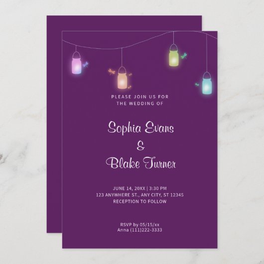 田舎色のぶら下がったメイスン・ジャース・パープル結婚ズ 招待状 (正面/裏面)