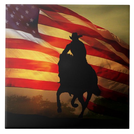 田舎西カウボーイと旗付き馬 タイル (正面)